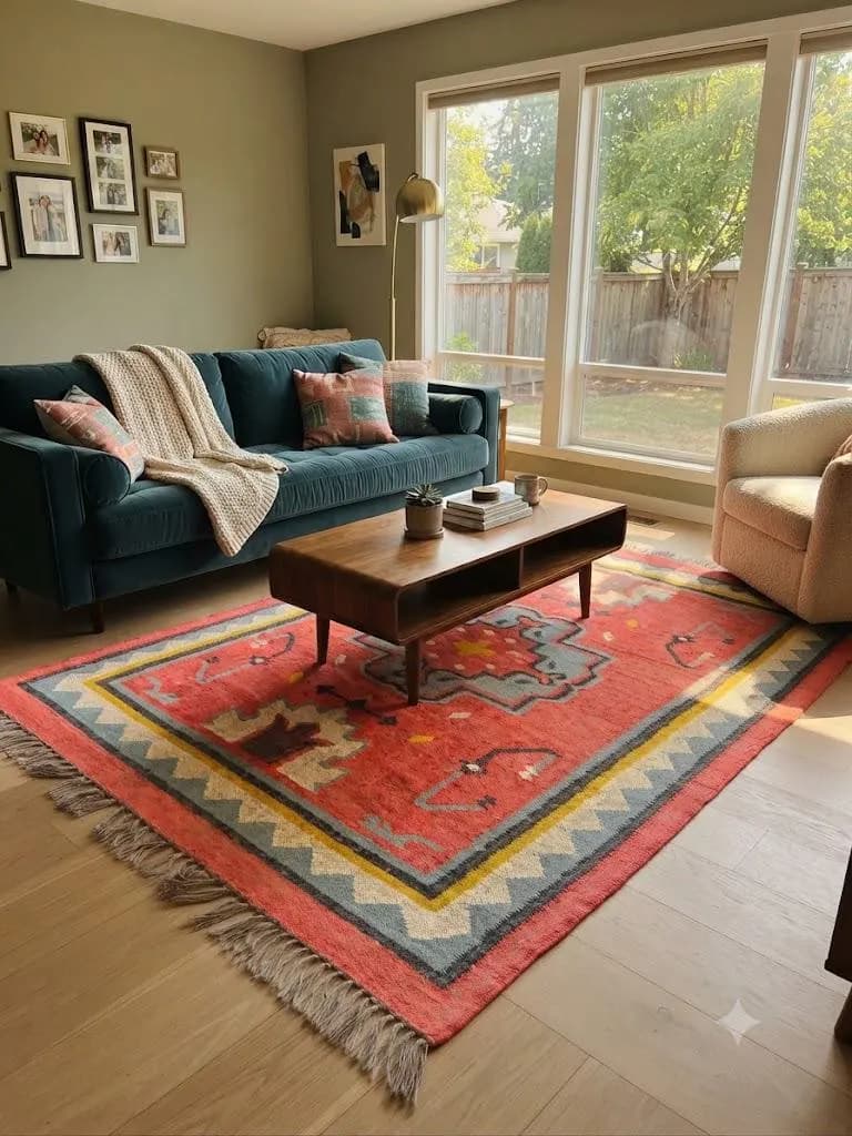 Handmade Wool Jute Boho Rug, Southwestern Tribal Geometric Area Rug, Rustic Farmhouse Living Room Carpet, Bohemian Floor Rug with Fringe - image 3
