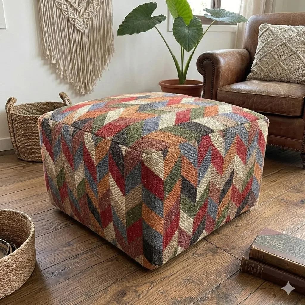 Colorful Boho Pouf Ottoman, Geometric Floor Pouf, Handmade Upholstered Footstool, Living Room Ottoman, Moroccan Style Pouf Cover only - image 2