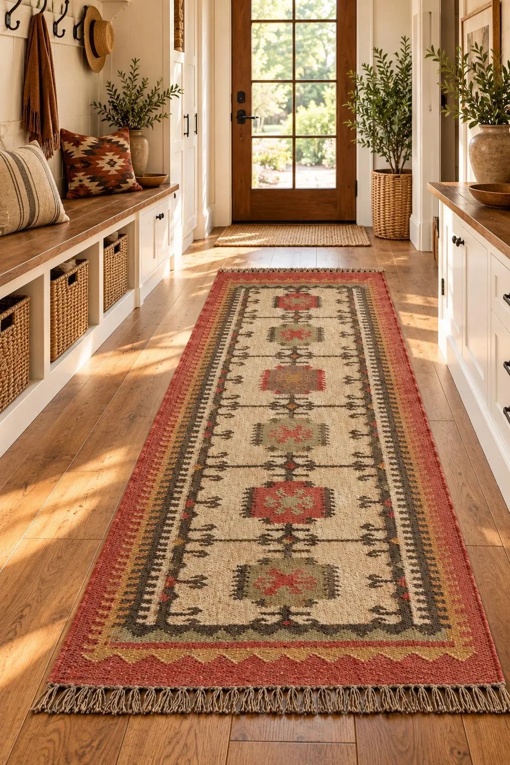 Rust Red Wool Jute Stair Runner, Handwoven Kilim Rug, Tribal Geometric Stair Carpet, Boho Farmhouse Hallway Runner, Custom Size Rug For Home - image 4