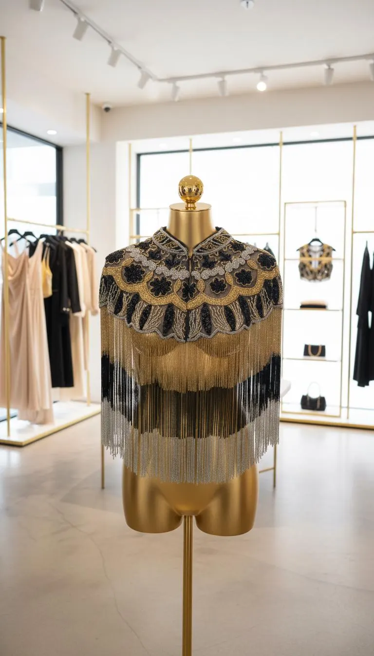 Luxury Women’s Black & Gold Beaded Cape with Silver Accents – Floral Embroidery, High Collar, Elegant Wedding And Evening Cover-Up - image 5