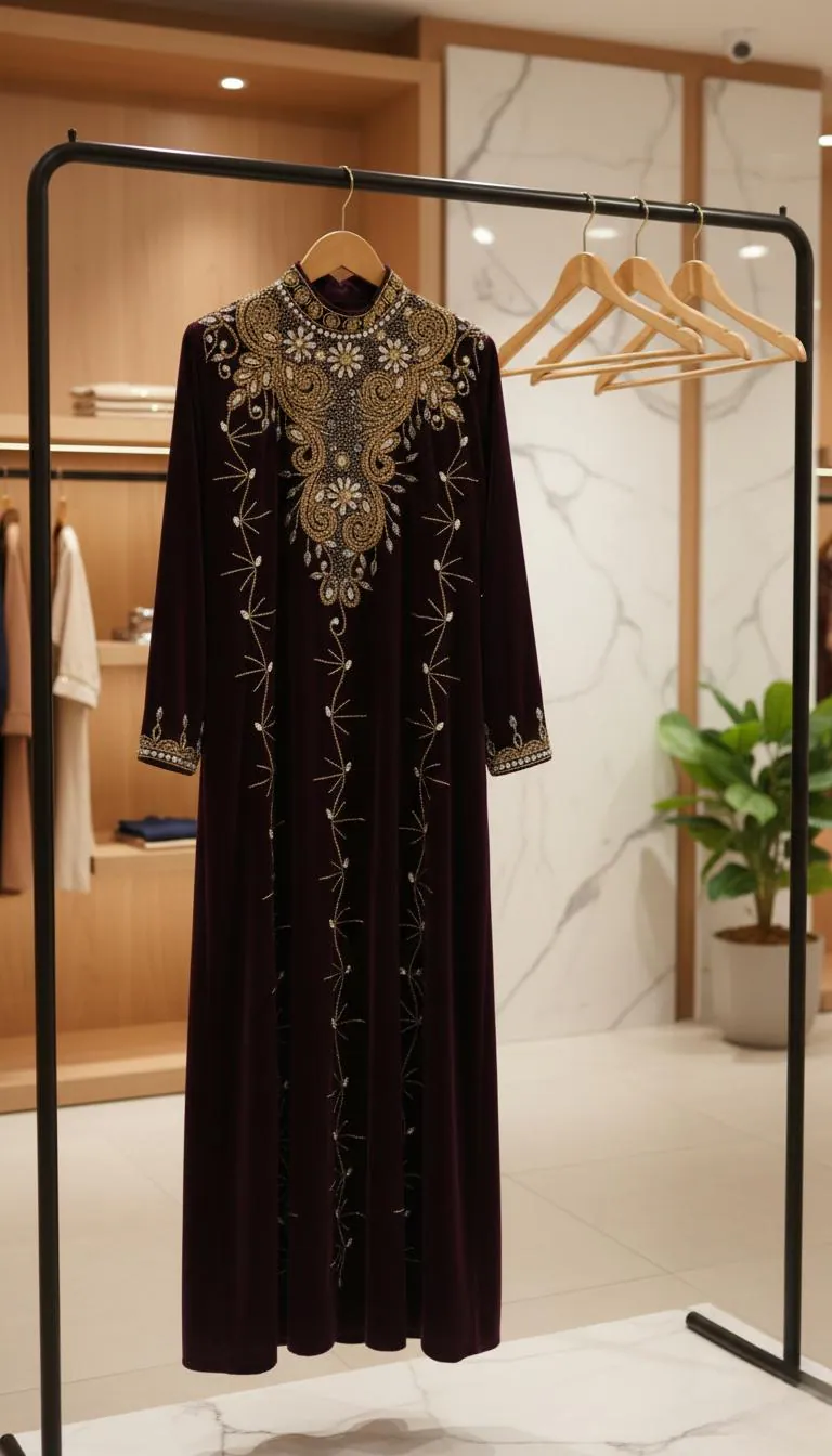 Luxury Black Velvet Abaya Dress with Emerald Green Stones & Silver Embroidery | Elegant Modest Kaftan Gown for Eid Weddings - image 5