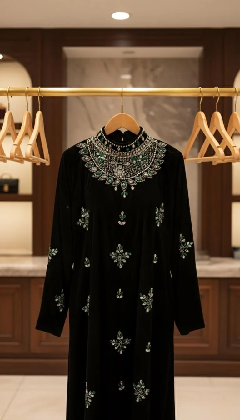 Luxury Black Velvet Abaya Dress with Emerald Green Stones & Silver Embroidery | Elegant Modest Kaftan Gown for Eid Weddings - image 4
