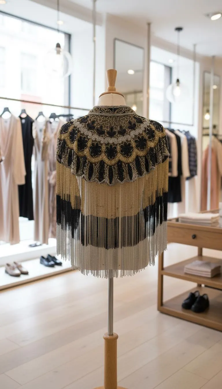 Luxury Women’s Black & Gold Beaded Cape with Silver Accents – Floral Embroidery, High Collar, Elegant Wedding And Evening Cover-Up - image 4