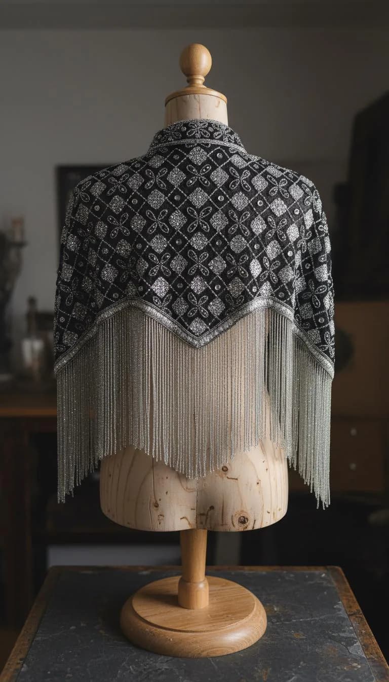 Luxury Women’s Black Beaded Cape with Silver Accents – Geometric Embroidery, High Collar, Long Beaded Hem, Wedding Evening Cover-Up - image 2