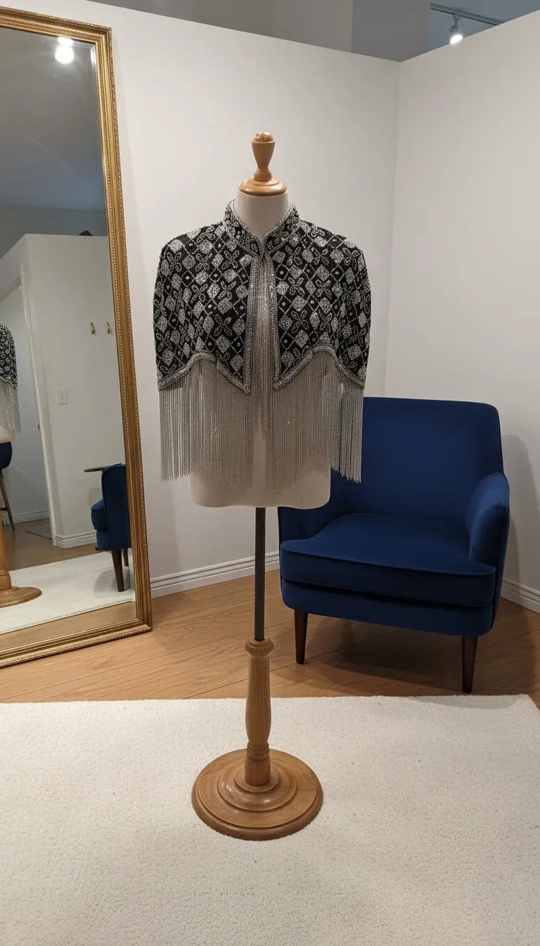 Luxury Women’s Black Beaded Cape with Silver Accents – Geometric Embroidery, High Collar, Long Beaded Hem, Wedding Evening Cover-Up - image 5