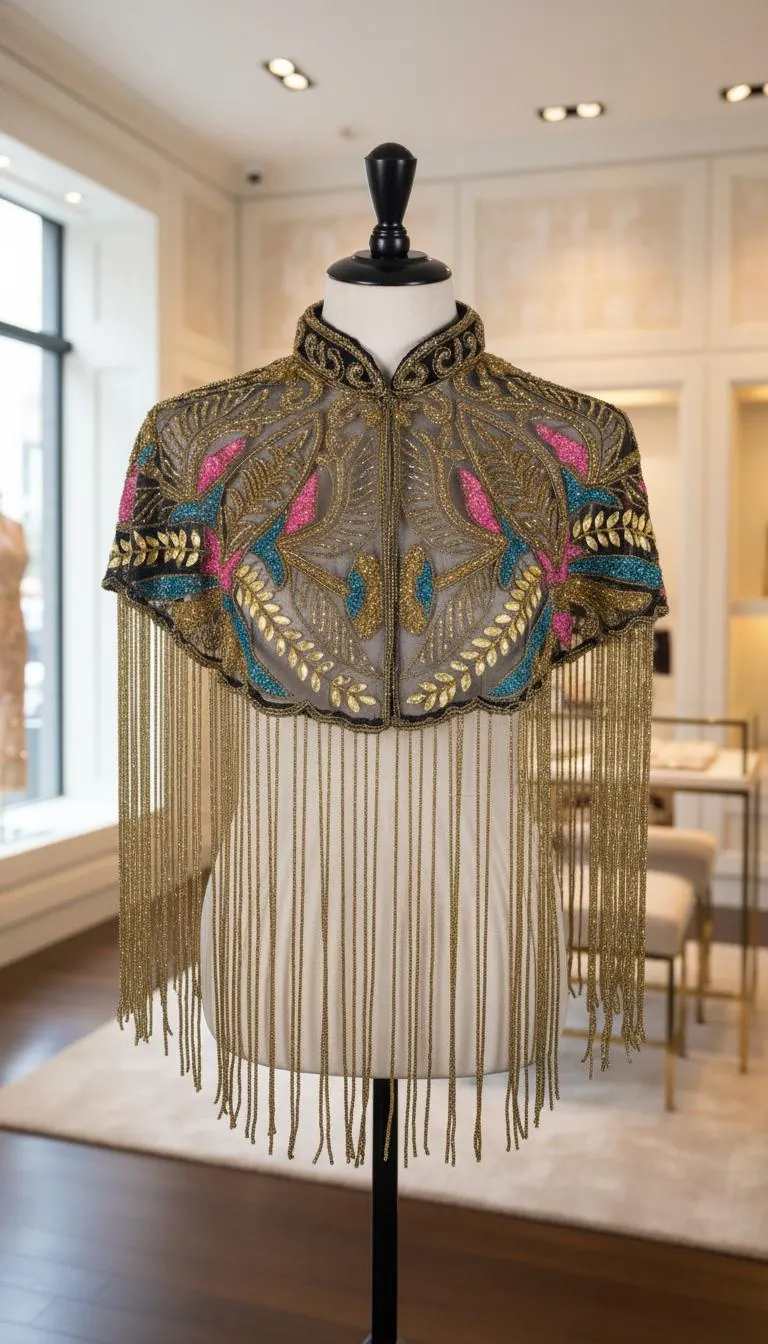 Luxury Women’s Black & Gold Beaded Fringe Cape / Capelet – Jewel-Tone Floral Embroidery, High Collar, Wedding Evening Cover Up, One Size - image 5