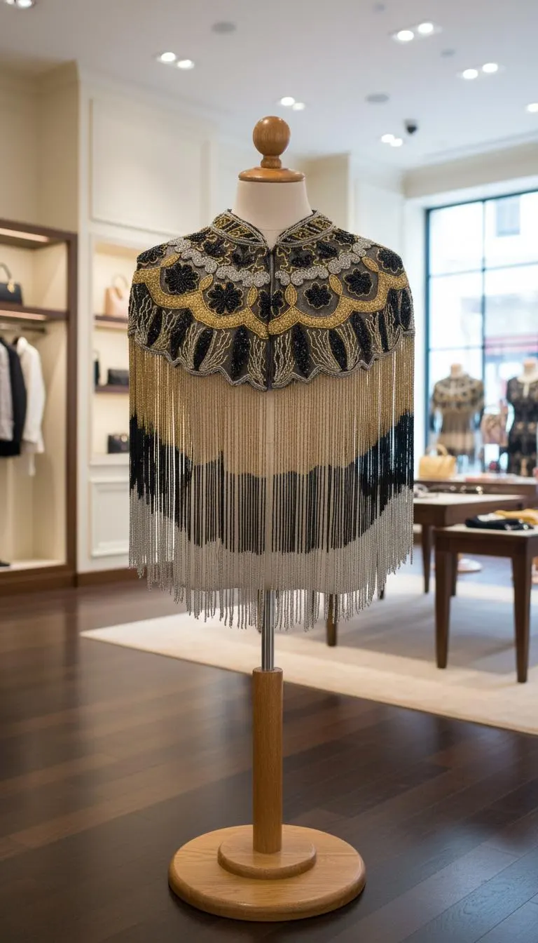 Luxury Women’s Black & Gold Beaded Cape with Silver Accents – Floral Embroidery, High Collar, Elegant Wedding And Evening Cover-Up - image 3