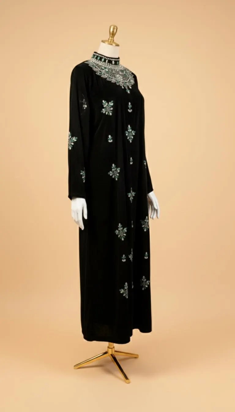 Luxury Black Velvet Abaya Dress with Emerald Green Stones & Silver Embroidery | Elegant Modest Kaftan Gown for Eid Weddings - image 3