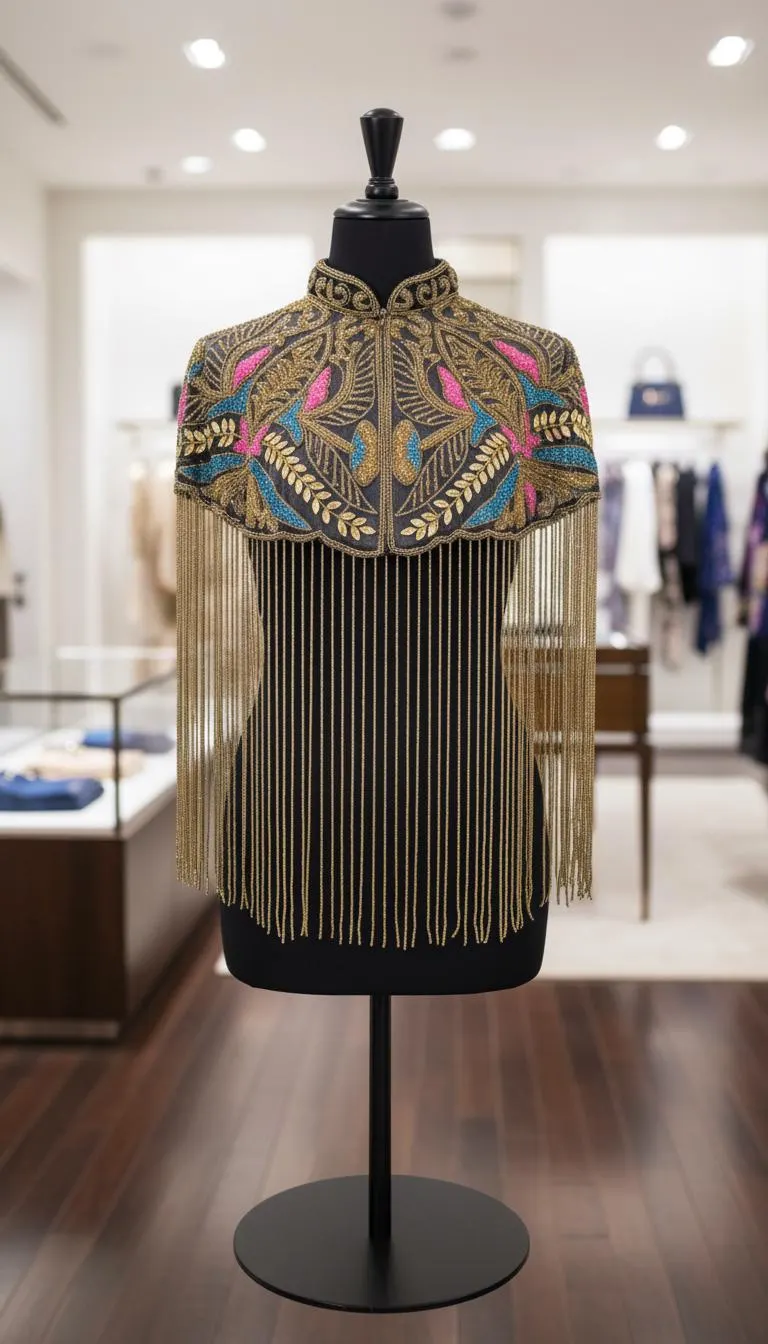 Close-up of jewel-tone floral beadwork and scalloped yoke on black/gold cape.
