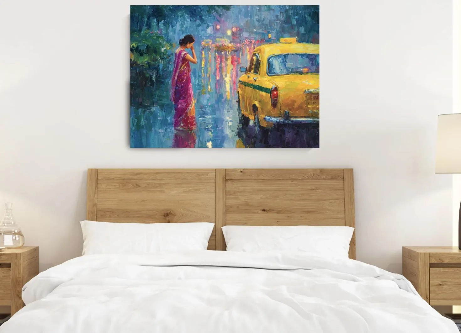kolkata rainy night wall art yellow taxi bengali woman sari oil painting digital download indian street scene romantic city lights reflection monsoon mood south asian decor impressionist style colorful urban artwork printable poster high resolution cultural wall decor modern home gallery gift idea vibrant texture canvas style nostalgic cityscape dreamy atmosphere taxi cab kolkata vibe street painting rain reflection dramatic lighting indian culture city romance art print artwor instant download
