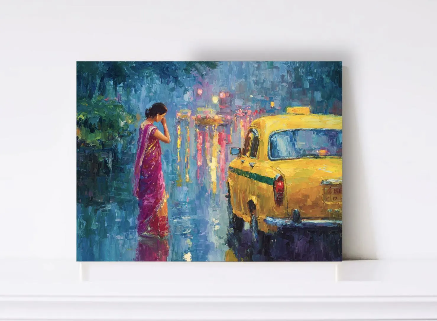 kolkata rainy night wall art yellow taxi bengali woman sari oil painting digital download indian street scene romantic city lights reflection monsoon mood south asian decor impressionist style colorful urban artwork printable poster high resolution cultural wall decor modern home gallery gift idea vibrant texture canvas style nostalgic cityscape dreamy atmosphere taxi cab kolkata vibe street painting rain reflection dramatic lighting indian culture city romance art print artwor instant download