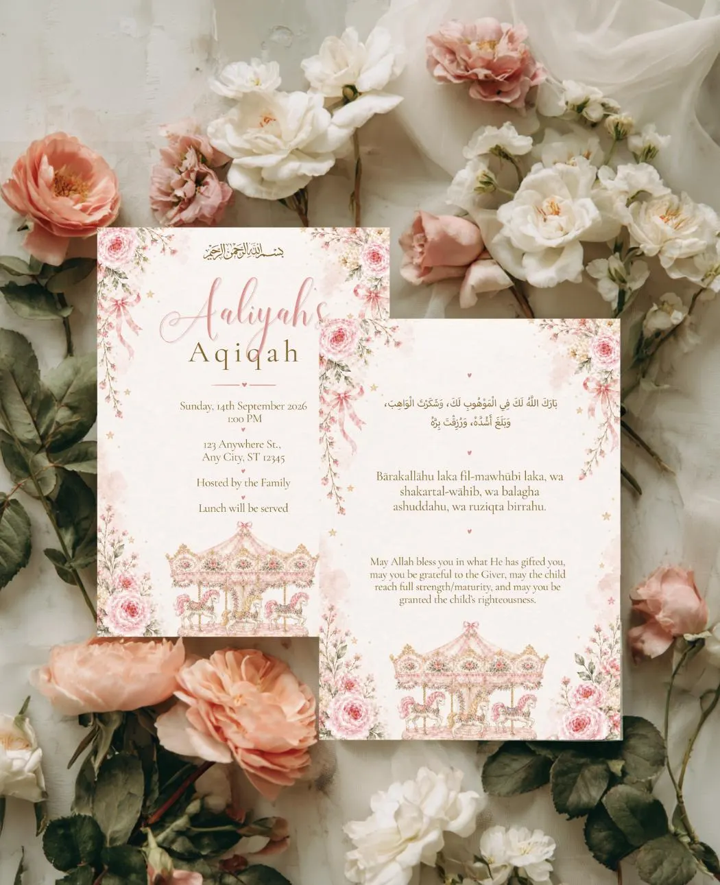 pink floral aqiqah invitation set Islamic aqeeqah invite editable Muslim naming ceremony dua card carousel baby girl shower reveal template watercolor roses gold stars bismillah blessing soft bows princess pony newborn celebration Canva printable digital download party announcement pastel event stationery welcome sign suite baptism alternative birth gathering brunch lunch family hosted feminine nursery theme Arabic inspired keepsake prayer sheet whimsical elegant heirloom custom name date venue