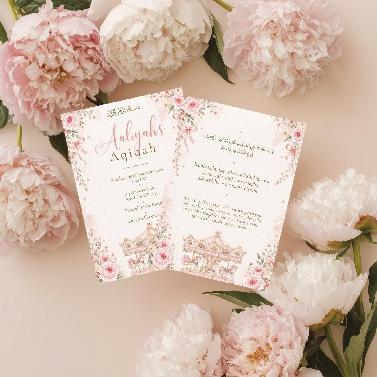 pink floral aqiqah invitation set Islamic aqeeqah invite editable Muslim naming ceremony dua card carousel baby girl shower reveal template watercolor roses gold stars bismillah blessing soft bows princess pony newborn celebration Canva printable digital download party announcement pastel event stationery welcome sign suite baptism alternative birth gathering brunch lunch family hosted feminine nursery theme Arabic inspired keepsake prayer sheet whimsical elegant heirloom custom name date venue