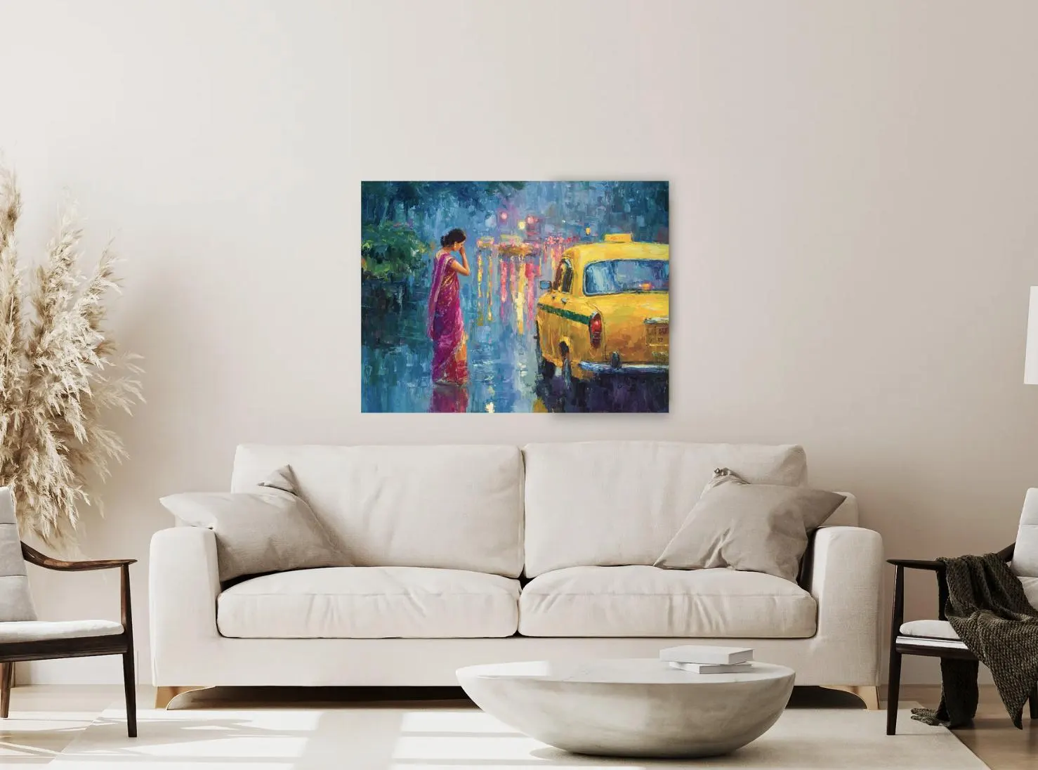 kolkata rainy night wall art yellow taxi bengali woman sari oil painting digital download indian street scene romantic city lights reflection monsoon mood south asian decor impressionist style colorful urban artwork printable poster high resolution cultural wall decor modern home gallery gift idea vibrant texture canvas style nostalgic cityscape dreamy atmosphere taxi cab kolkata vibe street painting rain reflection dramatic lighting indian culture city romance art print artwor instant download