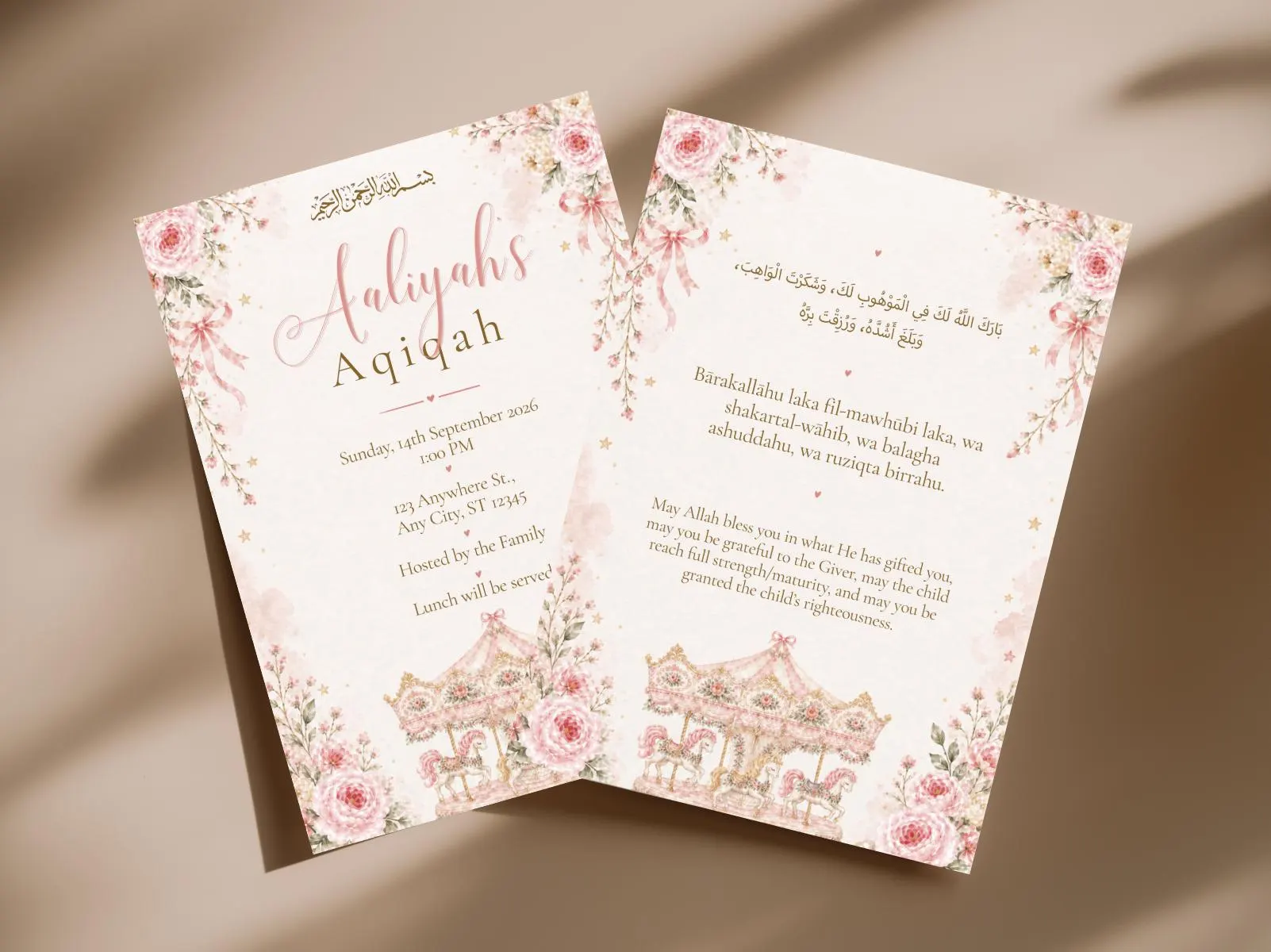 pink floral aqiqah invitation set Islamic aqeeqah invite editable Muslim naming ceremony dua card carousel baby girl shower reveal template watercolor roses gold stars bismillah blessing soft bows princess pony newborn celebration Canva printable digital download party announcement pastel event stationery welcome sign suite baptism alternative birth gathering brunch lunch family hosted feminine nursery theme Arabic inspired keepsake prayer sheet whimsical elegant heirloom custom name date venue
