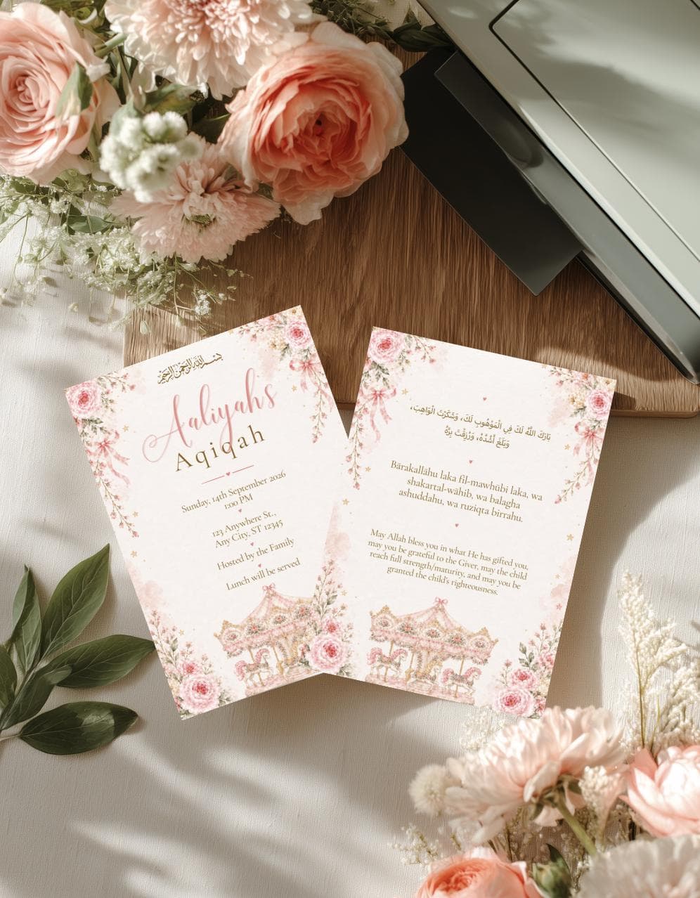 pink floral aqiqah invitation set Islamic aqeeqah invite editable Muslim naming ceremony dua card carousel baby girl shower reveal template watercolor roses gold stars bismillah blessing soft bows princess pony newborn celebration Canva printable digital download party announcement pastel event stationery welcome sign suite baptism alternative birth gathering brunch lunch family hosted feminine nursery theme Arabic inspired keepsake prayer sheet whimsical elegant heirloom custom name date venue