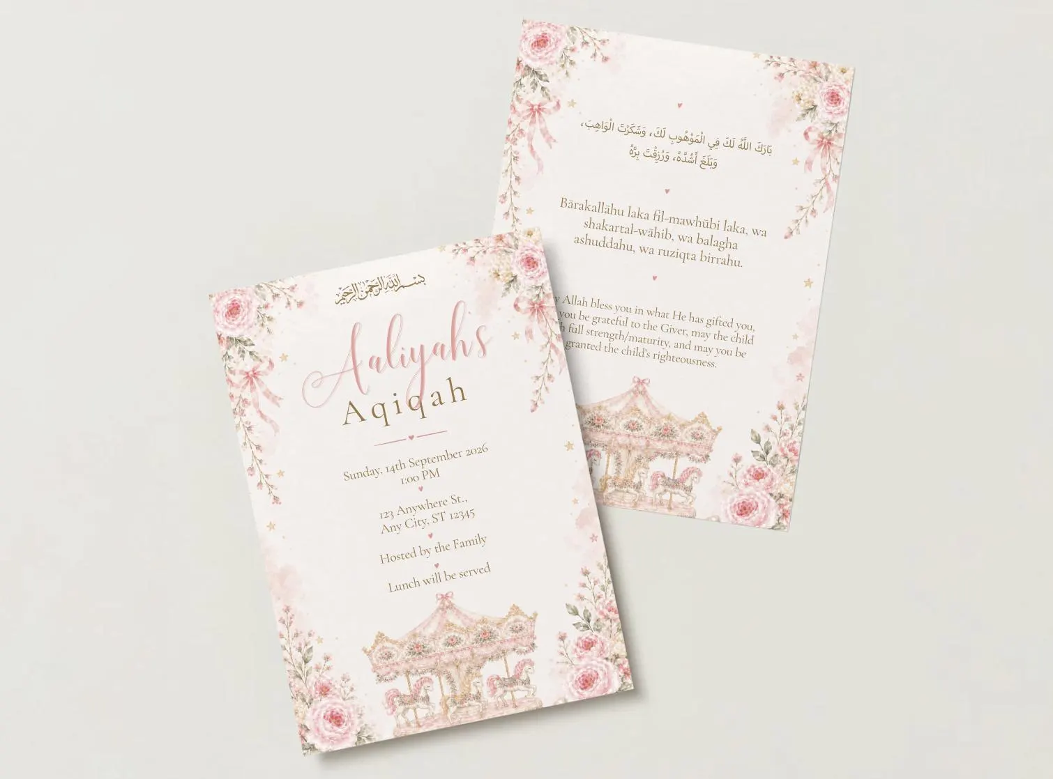 Baby Girl Aqiqah Invitation Set Editable Pink Carousel Dua Card Islamic Naming Ceremony Template Muslim Aqeeqah Invite|Digital Download - image 5