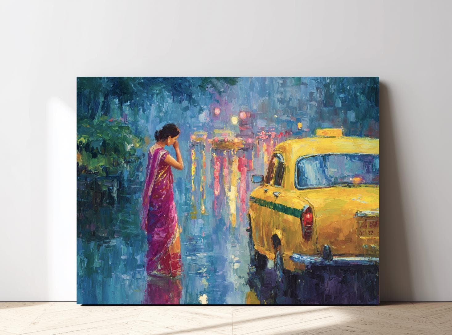 kolkata rainy night wall art yellow taxi bengali woman sari oil painting digital download indian street scene romantic city lights reflection monsoon mood south asian decor impressionist style colorful urban artwork printable poster high resolution cultural wall decor modern home gallery gift idea vibrant texture canvas style nostalgic cityscape dreamy atmosphere taxi cab kolkata vibe street painting rain reflection dramatic lighting indian culture city romance art print artwor instant download