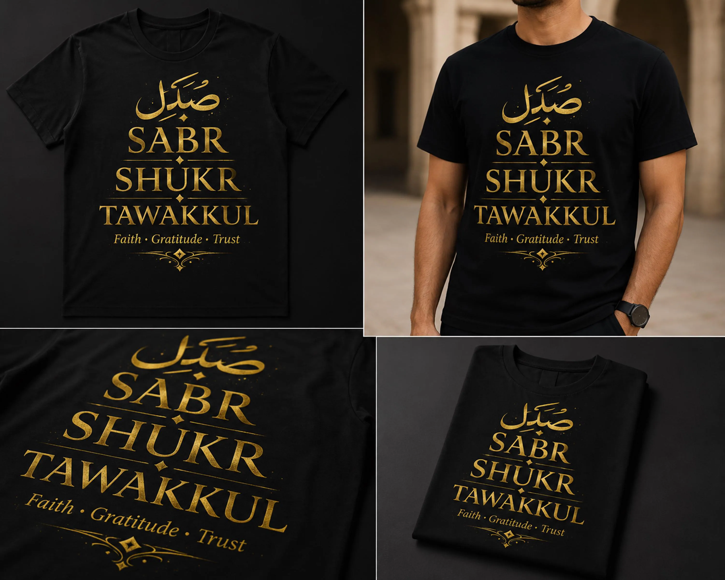Sabr Shukr Tawakkul Arabic Calligraphy T-shirt | Faith Gratitude Trust - image 3