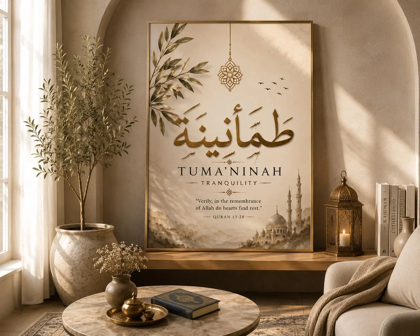 Islamic Wall Art | Arabic Calligraphy Quran 13:28 | Beige Gold Home Decor (Digital Download) - image 4