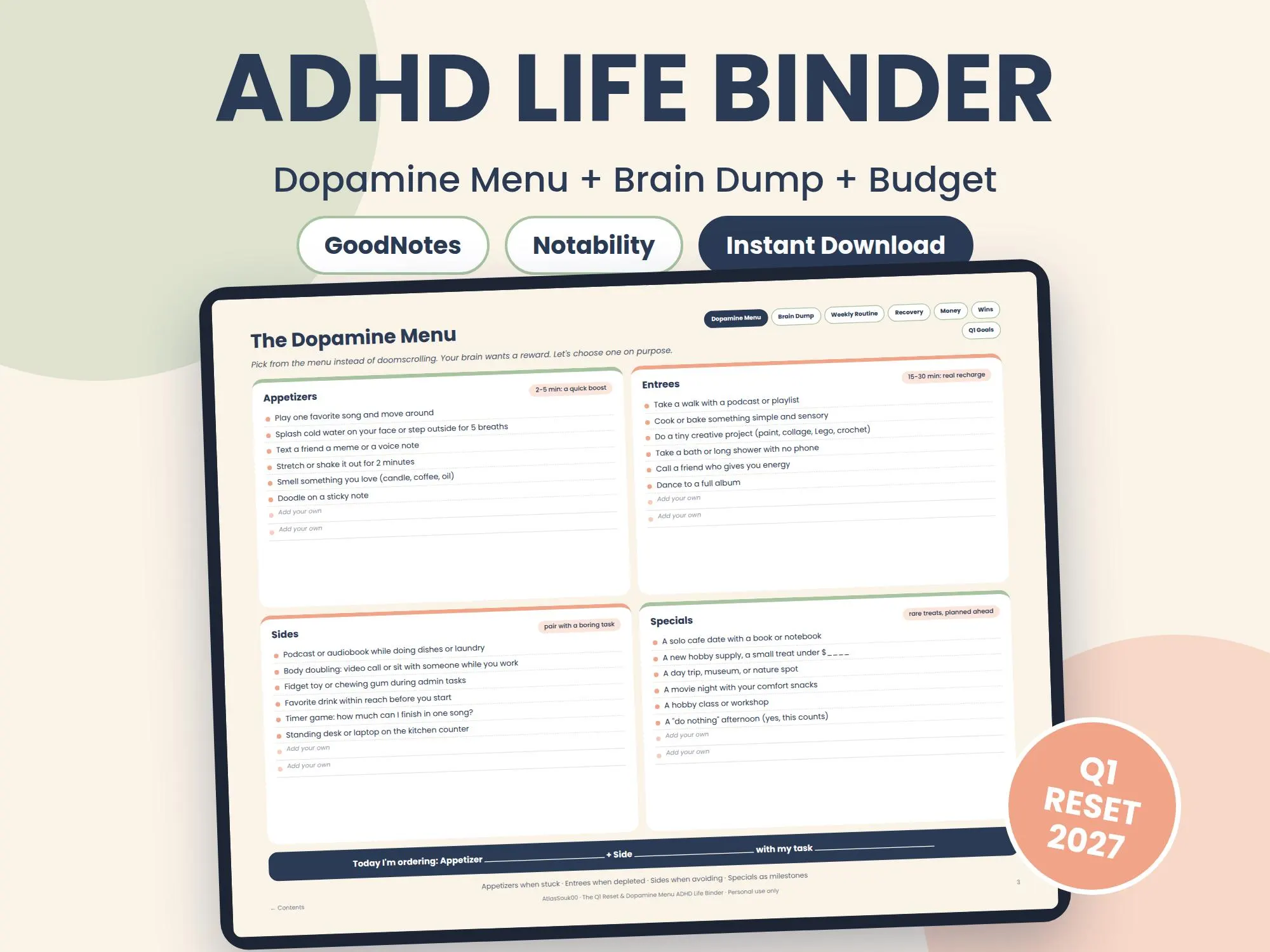 ADHD Digital Planner 2027 GoodNotes Life Binder, Dopamine Menu Template, Daily Weekly Tracker, ADHD Burnout Recovery PDF