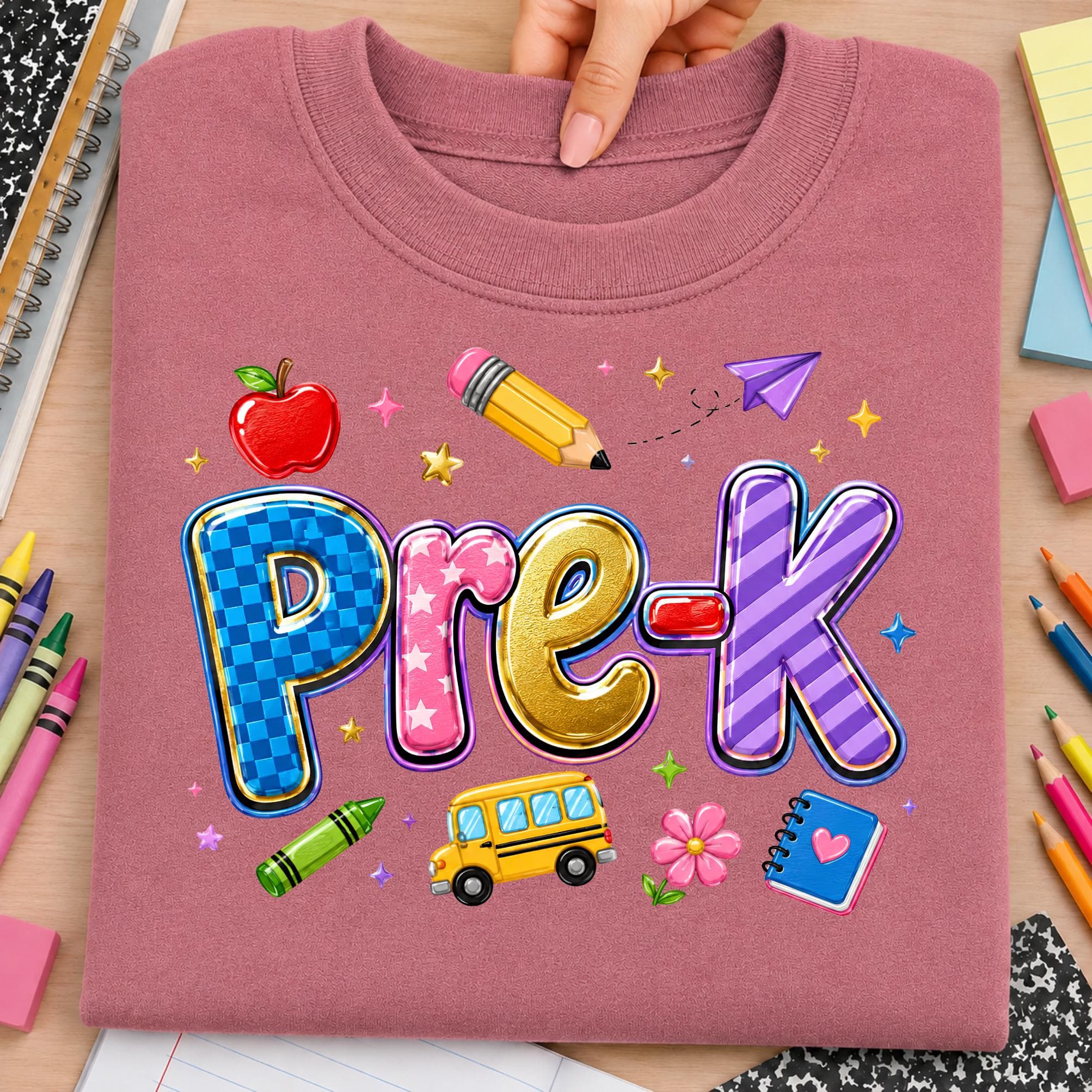 Pre-K back to school PNG design shown on a dusty rose folded sweatshirt with oversized colorful Pre-K lettering in blue checkered, pink star, gold, and purple striped patterns. School accents include a red apple, yellow pencil, green crayon, paper airplane, school bus, flower, notebook, hearts, stars, and sparkles. Cute preschool graphic for first day of school shirts, teacher tees, toddler apparel, sublimation, DTF transfers, classroom gifts, school spirit wear, and early learning crafts.