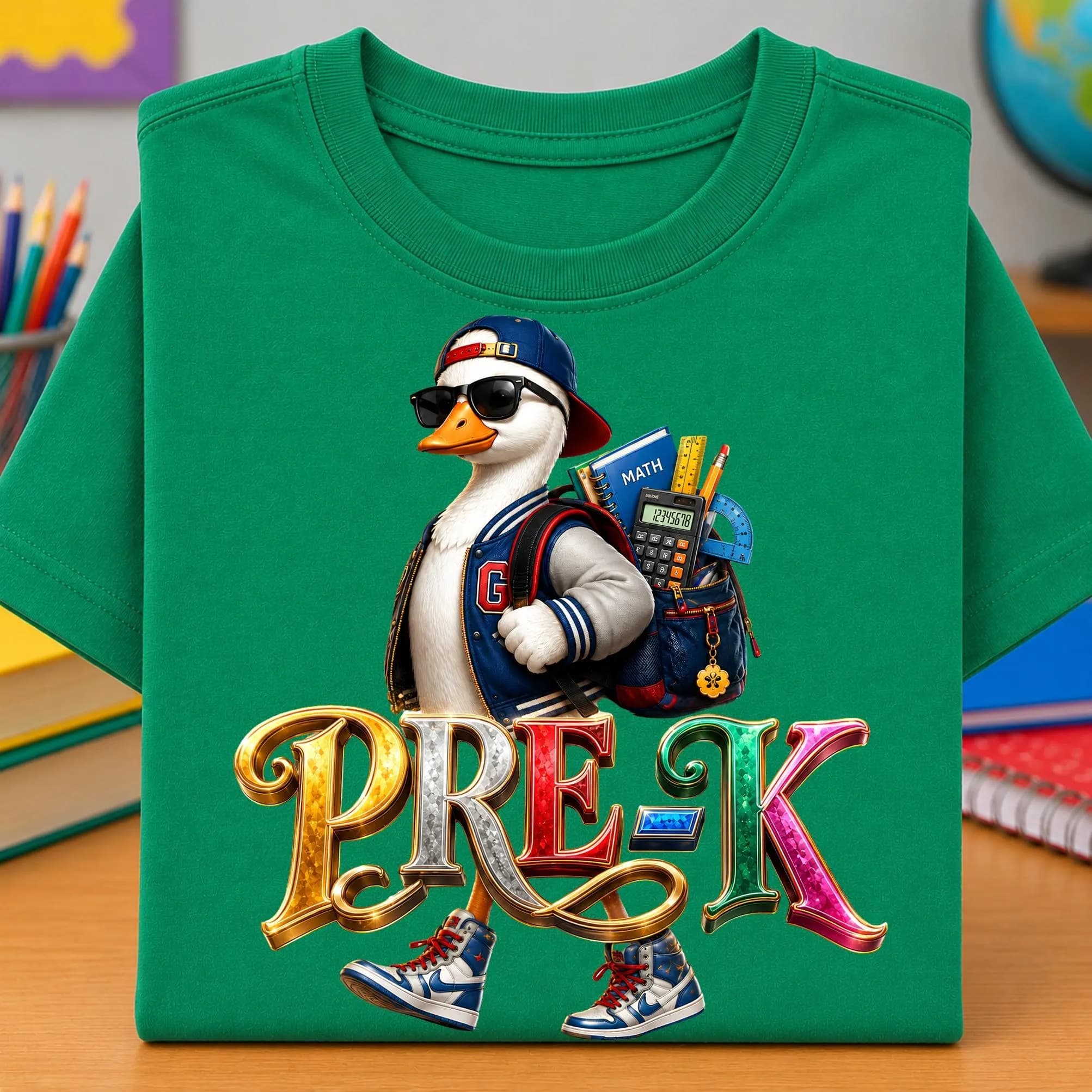 Pre-K back to school PNG design shown on a bright green folded shirt with a cool duck student wearing sunglasses, backward cap, varsity jacket, sneakers, and a backpack packed with math book, calculator, ruler, pencils, and school supplies. Bold multicolor PRE-K lettering gives the design a fun classroom look, perfect for first day of school shirts, Pre-K teacher tees, preschool apparel, sublimation, DTF transfers, classroom gifts, school spirit wear, and early learning craft projects.