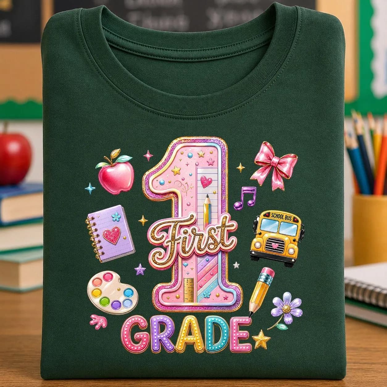 Colorful First Grade Back to School design for young students, featuring playful school-themed elements, cheerful lettering, bright colors, and a fun classroom style. Perfect for first day of school shirts, first grade outfits, school photo clothing, classroom celebrations, teacher gifts, and kids’ apparel. Ideal for PNG, DTF, sublimation, Cricut crafts, heat transfer projects, custom T-shirts, sweatshirts, tote bags, and printable school accessories.