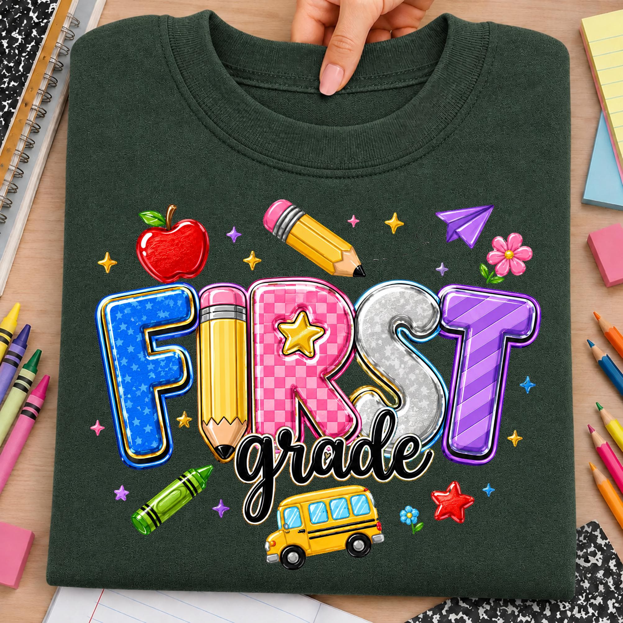 First Grade back to school PNG design shown on a dark green folded sweatshirt with bright FIRST GRADE lettering in mixed blue, yellow, pink, silver, and purple patterns. Artwork includes an apple, pencil, paper airplane, crayon, school bus, flower, stars, and playful classroom accents. Colorful school graphic is ideal for first day shirts, teacher tees, student apparel, sublimation, DTF transfers, classroom gifts, school spirit outfits, and elementary craft projects for kids and teachers.