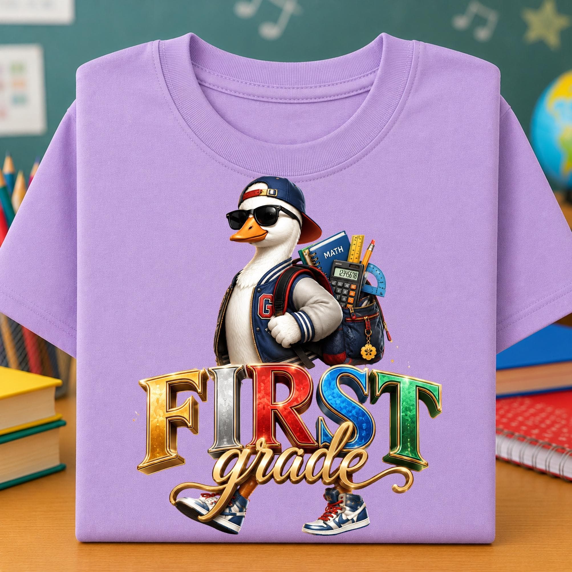 First Grade back to school PNG design shown on a light lavender folded shirt with a cool duck student wearing sunglasses, backward cap, varsity jacket, sneakers, and a backpack filled with math book, calculator, ruler, pencils, and classroom supplies. Bold multicolor First Grade lettering adds a fun school spirit style, perfect for first day shirts, teacher tees, student apparel, sublimation, DTF transfers, classroom gifts, school spirit wear, and creative first grade craft projects.