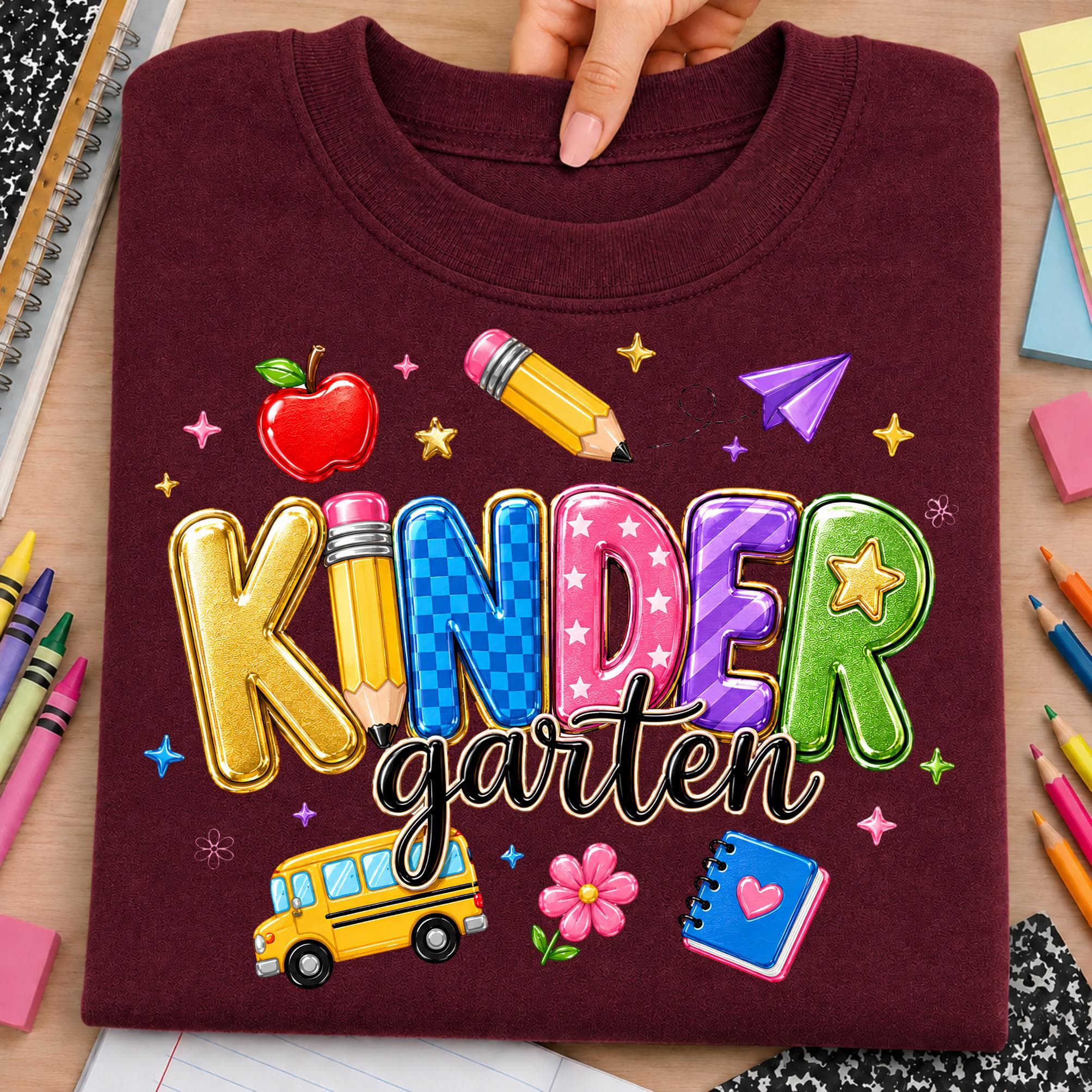 Kindergarten back to school PNG design displayed on a deep burgundy folded sweatshirt with bold colorful KINDERGARTEN lettering, playful patchwork textures, pencil details, apple, paper airplane, school bus, flower, notebook, stars, and classroom accents. Fun school graphic is perfect for kindergarten shirts, first day outfits, teacher tees, student apparel, sublimation, DTF transfers, classroom gifts, school spirit wear, and creative elementary craft projects for kids and educators.