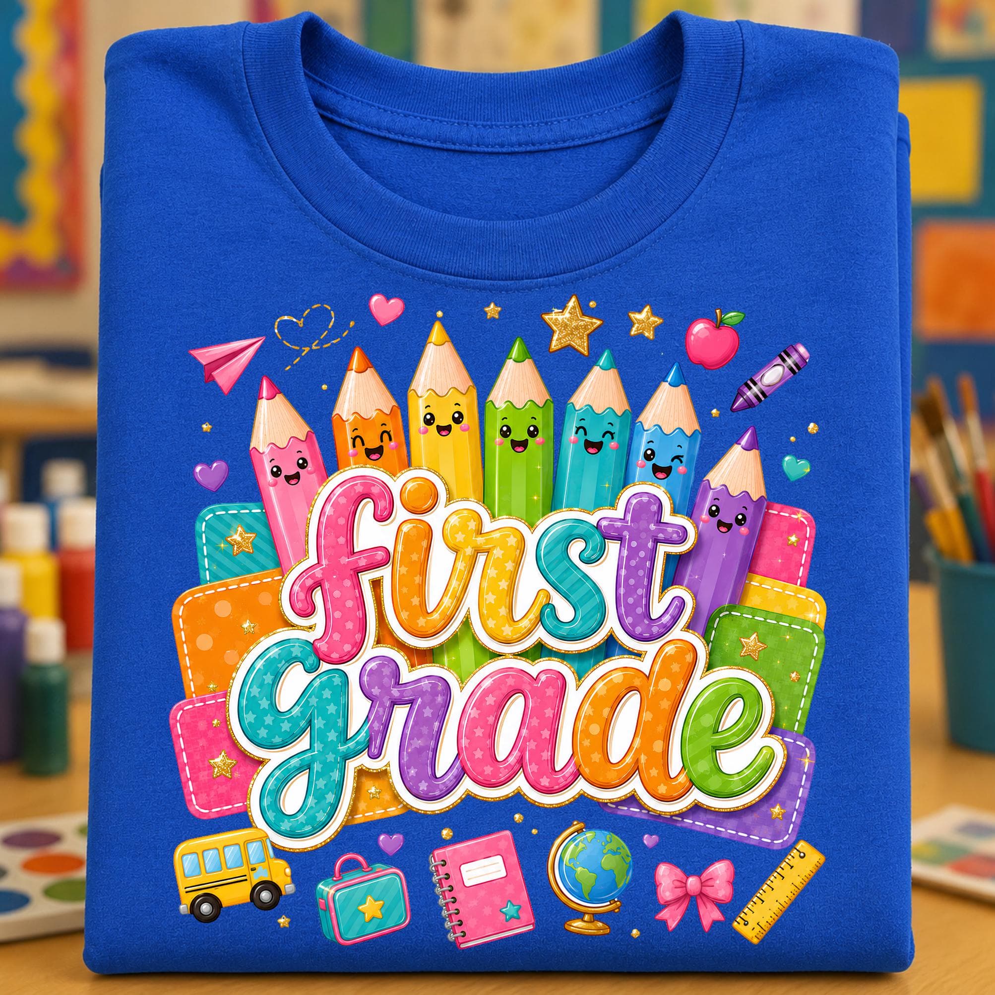 First Grade back to school PNG design shown on a royal blue folded shirt with bright bubble First Grade lettering, smiling rainbow pencils, layered colorful school panels, school bus, backpack, notebook, globe, ruler, paper airplane, apple, bow, stars, hearts, and classroom accents. Fun elementary graphic is perfect for first day shirts, teacher tees, student apparel, sublimation, DTF transfers, classroom gifts, school spirit wear, and creative first grade craft projects for students.