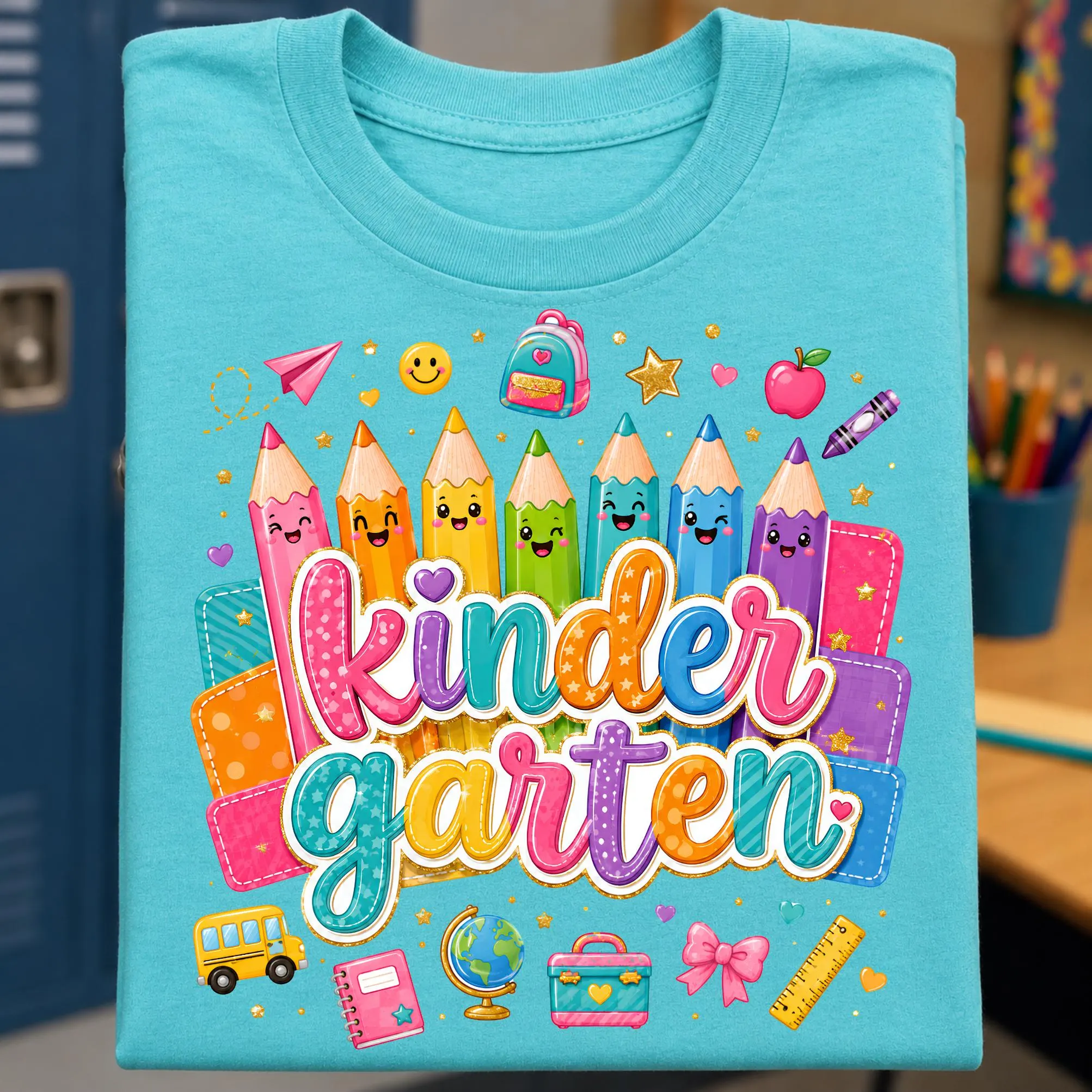 Kindergarten back to school PNG design displayed on an aqua folded shirt with bold rainbow Kindergarten lettering, smiling colorful pencils, layered bright school panels, school bus, backpack, notebook, globe, ruler, paper airplane, apple, bow, hearts, stars, and classroom accents. Cheerful school graphic is ideal for first day of kindergarten shirts, teacher tees, student apparel, sublimation, DTF transfers, classroom gifts, school spirit wear, and elementary craft projects for kids.