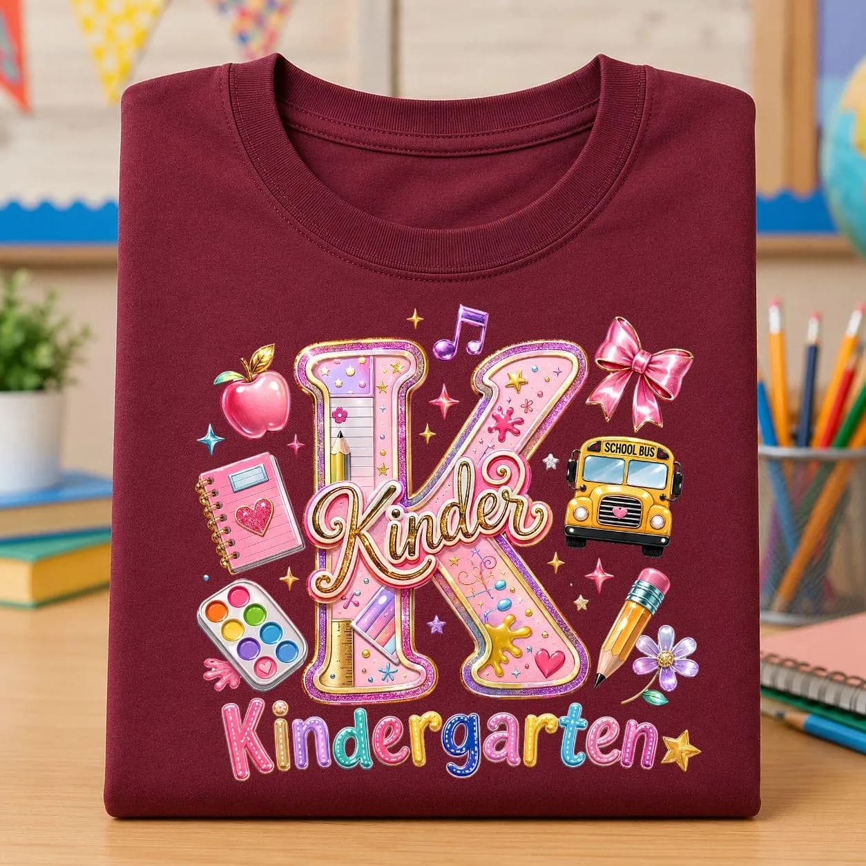 Colorful Kindergarten Back to School design for young students, featuring playful school-themed elements, cheerful lettering, bright colors, and a fun classroom style. Perfect for first day of kindergarten shirts, school outfits, classroom celebrations, school photo clothing, teacher gifts, and kids’ apparel. Ideal for PNG, DTF, sublimation, Cricut crafts, heat transfer projects, custom T-shirts, sweatshirts, tote bags, and printable school accessories.
