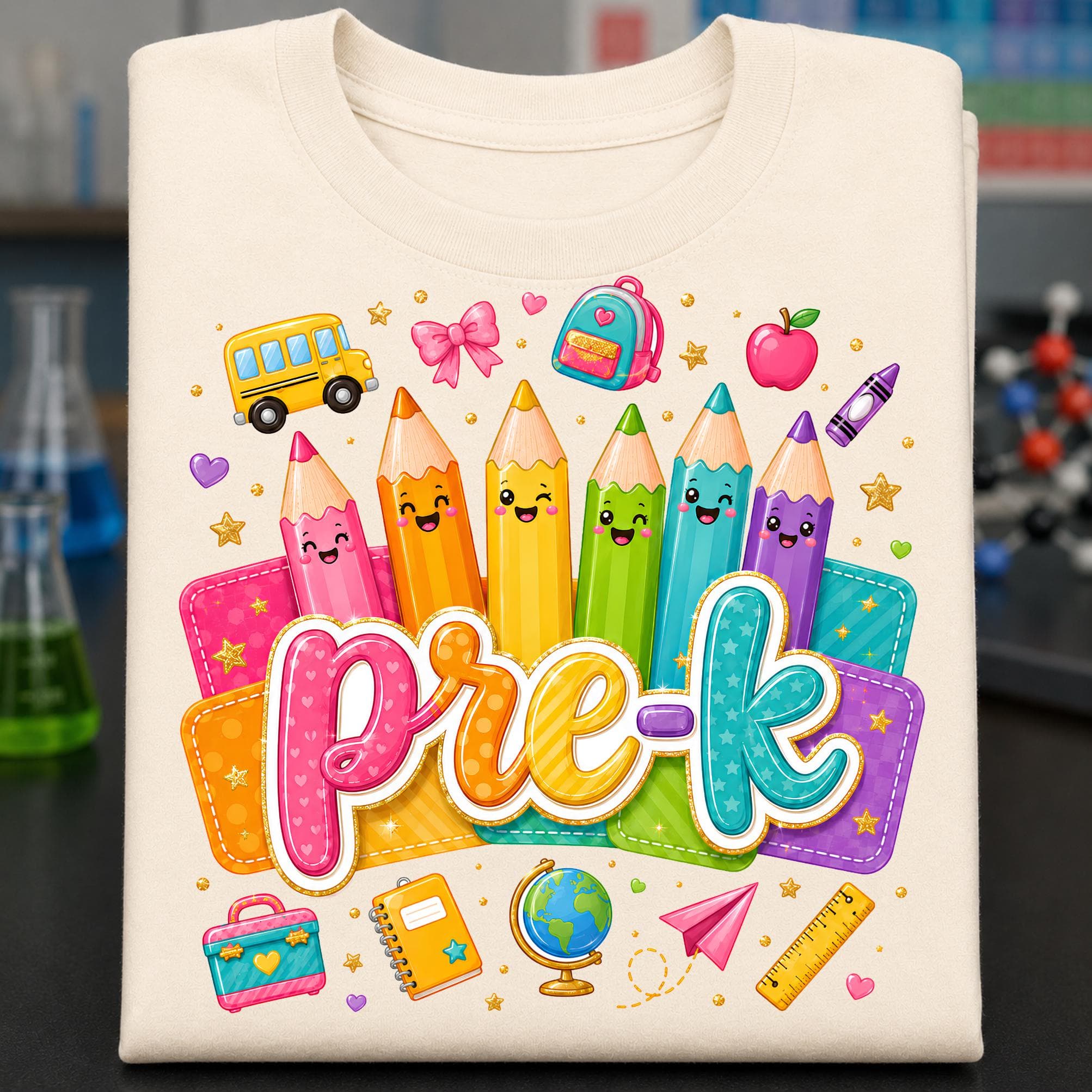 Pre-K back to school PNG design shown on a cream folded shirt with large colorful Pre-K bubble lettering, smiling rainbow pencils, layered bright panels, school bus, backpack, notebook, globe, ruler, paper airplane, apple, bow, hearts, stars, and playful classroom details. Cute preschool graphic is perfect for first day of school shirts, Pre-K teacher tees, toddler apparel, sublimation, DTF transfers, classroom gifts, school spirit wear, and creative early learning craft projects for kids.