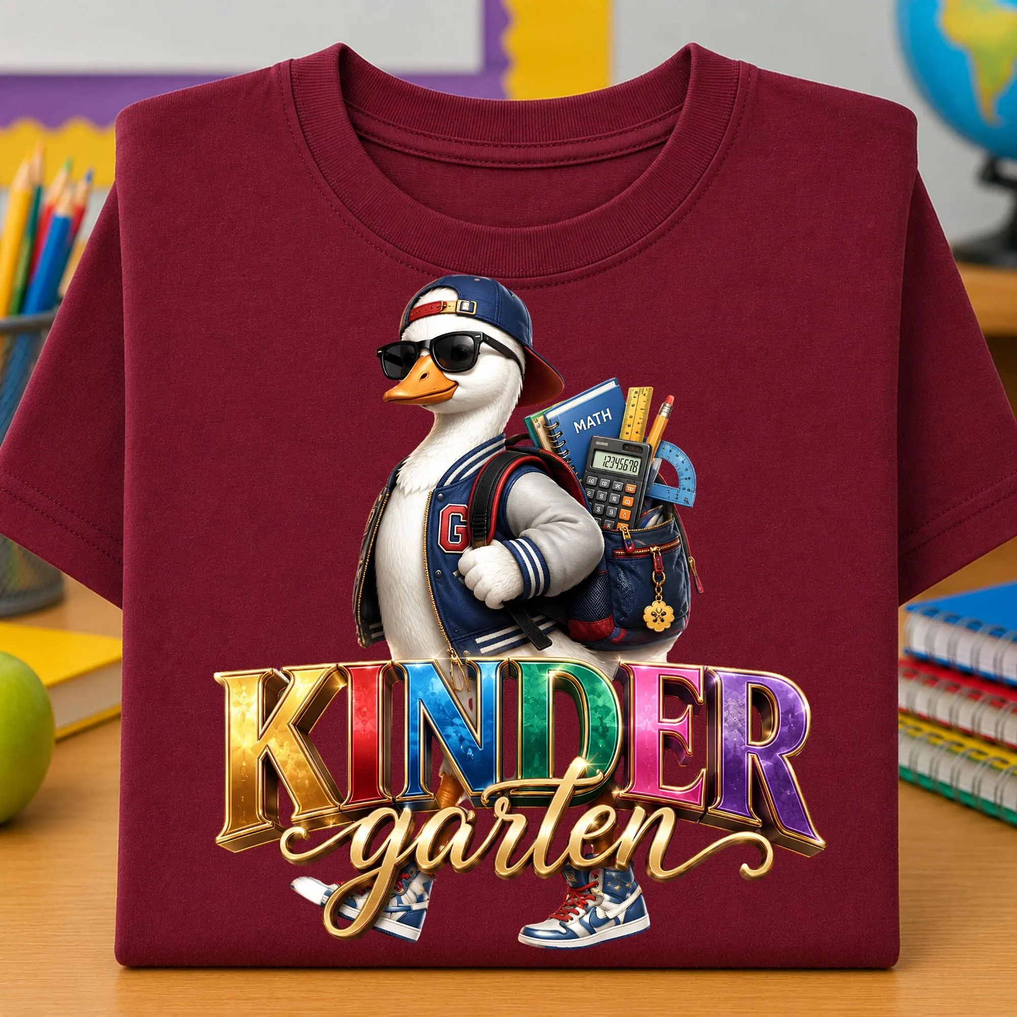 Kindergarten back to school PNG design displayed on a deep burgundy folded shirt with a stylish duck student wearing sunglasses, backward cap, varsity jacket, sneakers, and a backpack filled with math book, calculator, ruler, pencils, and classroom supplies. Bold multicolor Kindergarten lettering creates a playful school look, ideal for first day shirts, teacher tees, student apparel, sublimation, DTF transfers, classroom gifts, school spirit wear, and kindergarten craft projects.