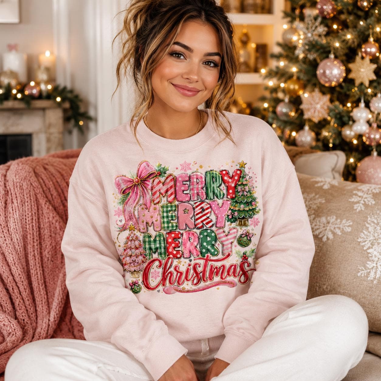 Triple Merry Christmas PNG: Pink Bow, Girly Holiday Shirt Sublimation Design - image 3
