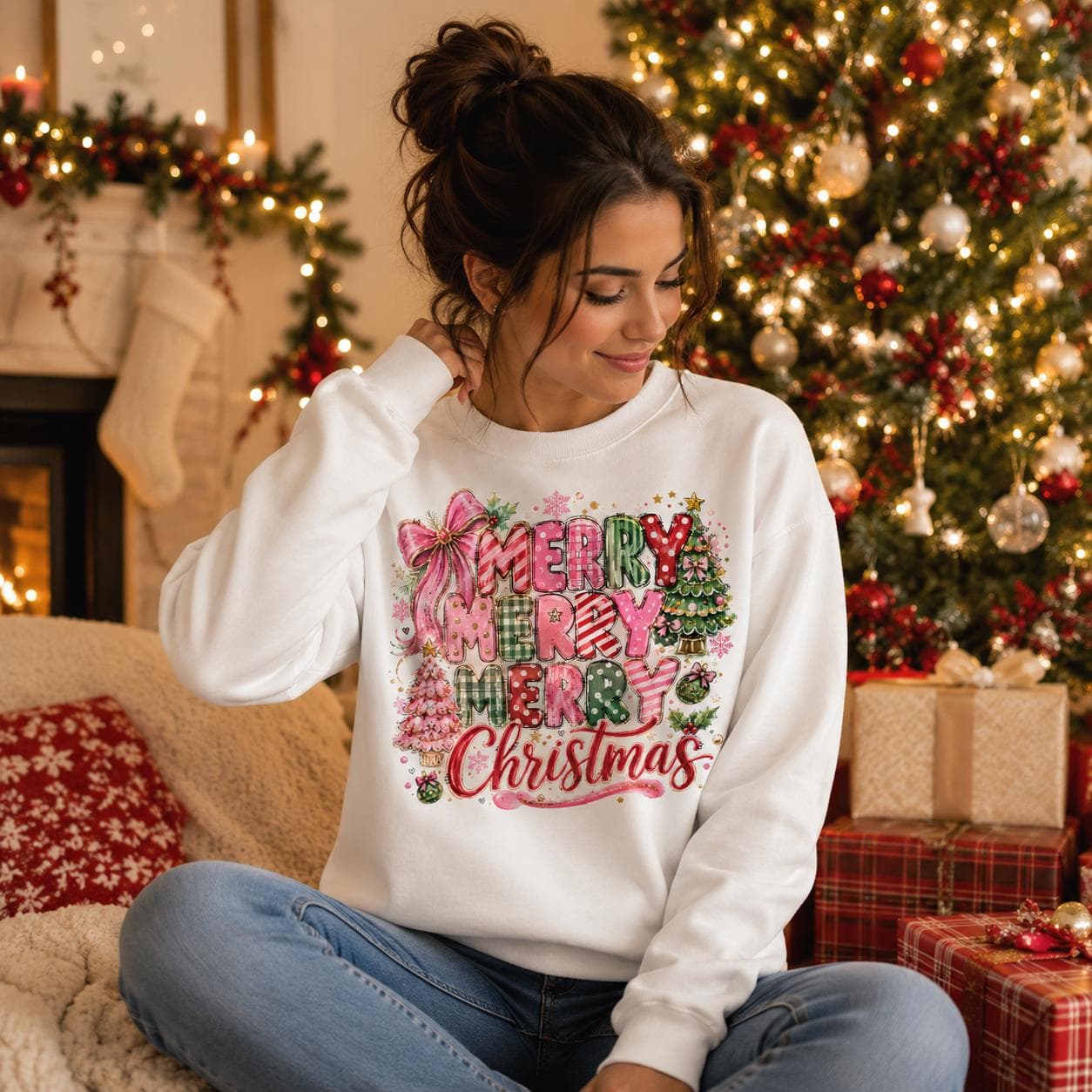 Triple Merry Christmas PNG: Pink Bow, Girly Holiday Shirt Sublimation Design - image 4