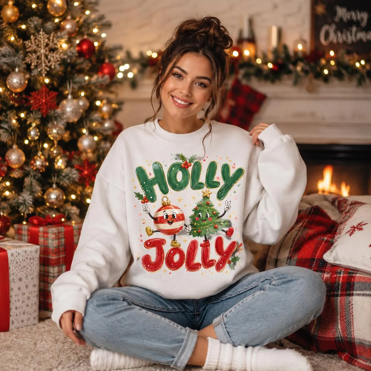 Holly Jolly Christmas Friends PNG: Festive Tree & Ornament Holiday Shirt Design (Digital Download) - image 4