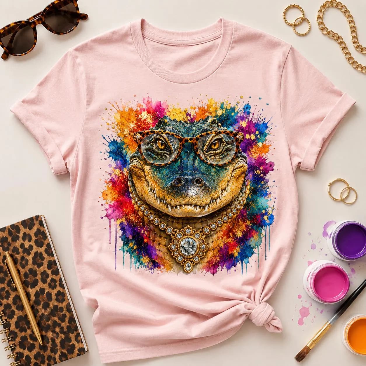 Jeweled Gator PNG, Glam Crocodile With Glasses, Colorful Reptile Sublimation Design (Digital Download) - image 3
