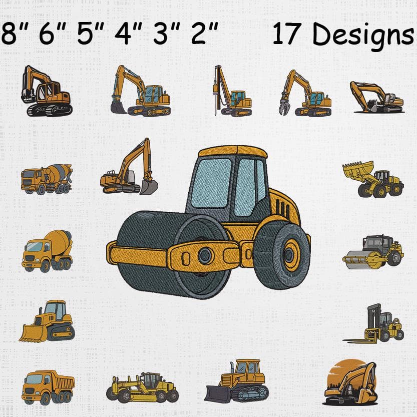 Construction Vehicles Embroidery Designs Bundle - Excavator Machine Embroidery Files - Bulldozer, Dump Truck Pattern Set - Digital Download