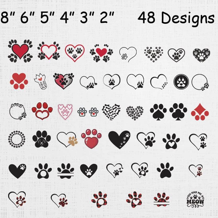 Heart Shaped Animal Paw Embroidery Design Bundle - Hearts With Paws Dog Cat Machine File - Cat SVG Paw Pattern Set - Digital Download