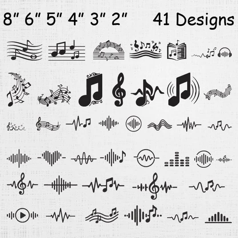 Music Embroidery Designs Bundle - Sound Wave Machine Embroidery Files - Music Notes Embroidery - Audio Waveform Digital Designs - 41 Designs