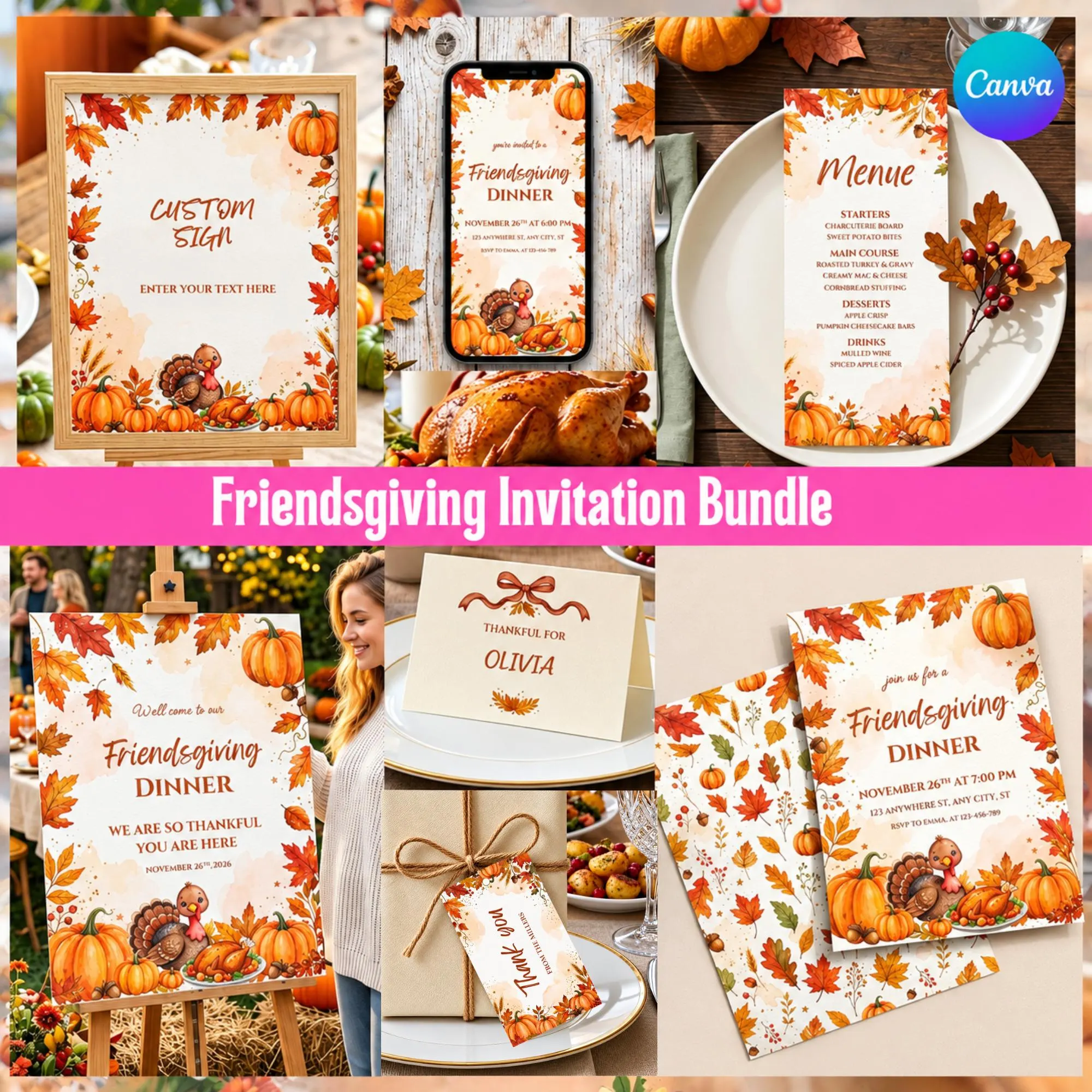 Friendsgiving Invitation Bundle, Editable Thanksgiving Party Decor, Canva Templates
