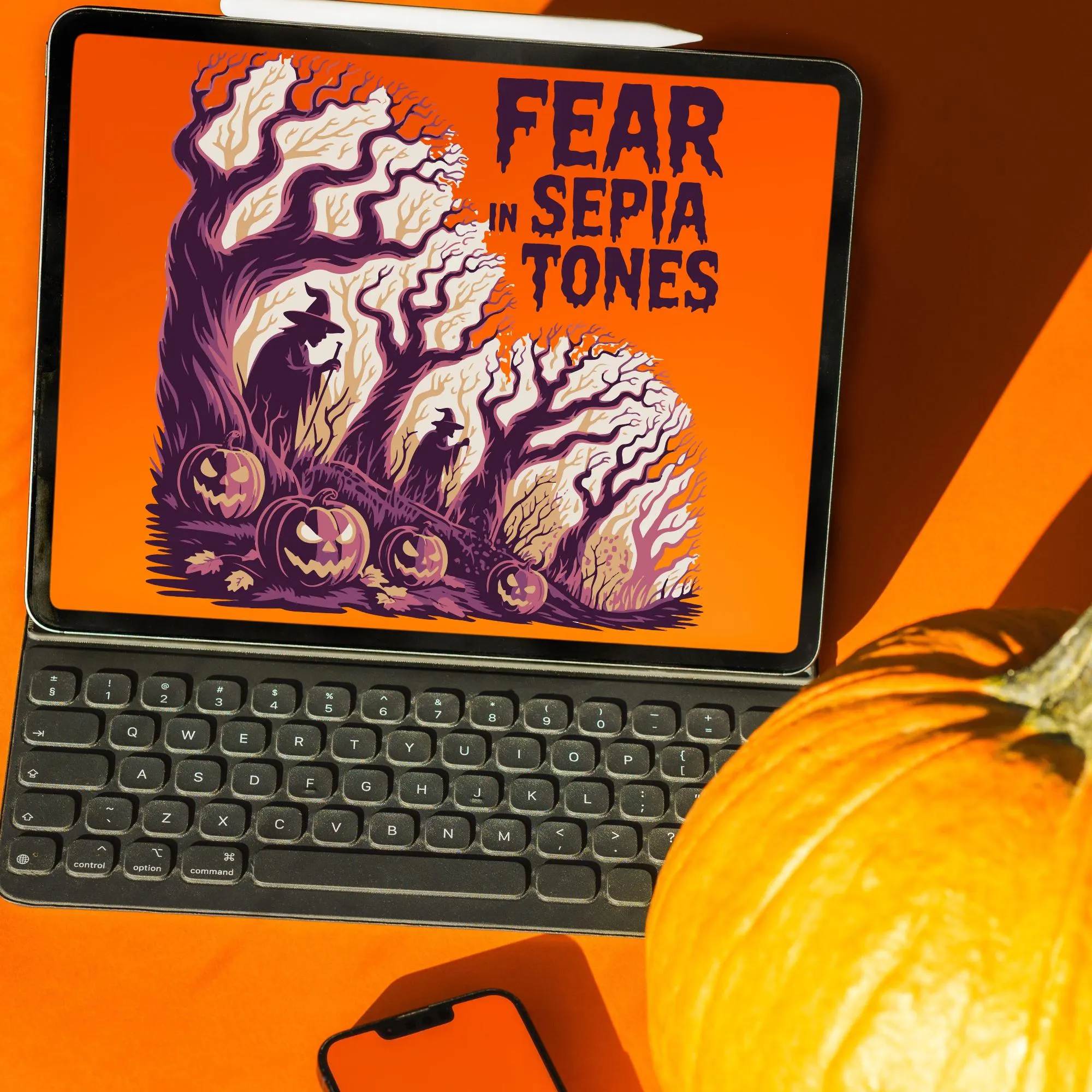 Fear in Sepia Tones SVG PNG, Spooky Tree Pumpkin Witch Shirt Design, Printable T-Shirt - image 5