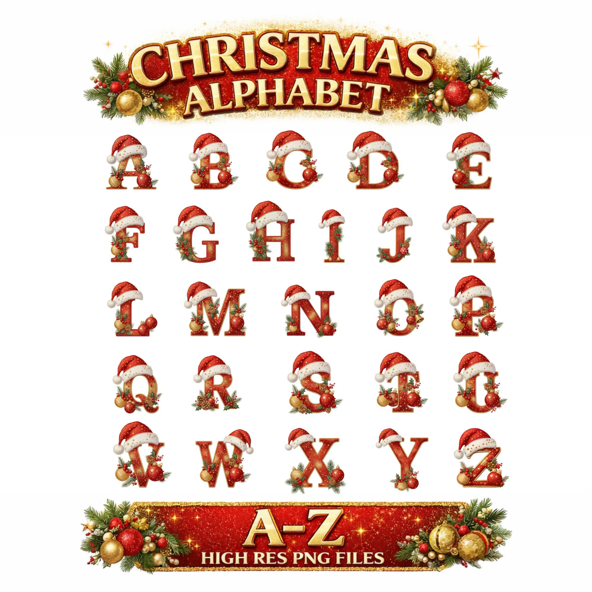 Christmas Alphabet Clipart PNG | Festive Embroidery Letters Set | Holiday Font 26 PNG | Digital Download | Commercial Use