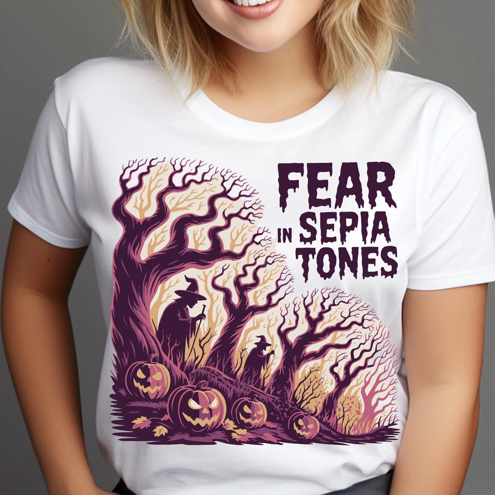 Fear in Sepia Tones SVG PNG, Spooky Tree Pumpkin Witch Shirt Design, Printable T-Shirt