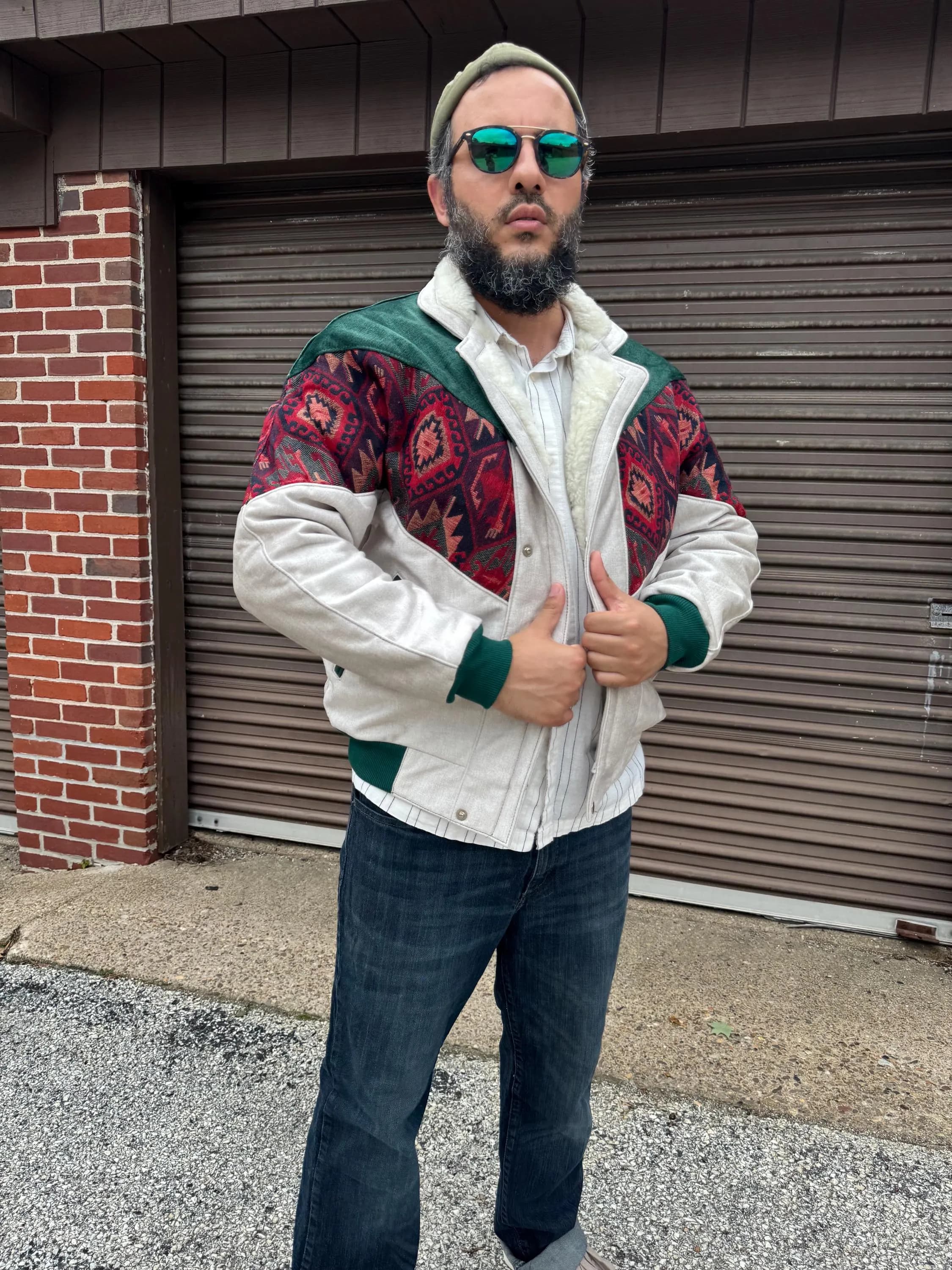 Handmade Kilim Bomber Jacket, Off-White Emerald Green Velvet, Men's Size M