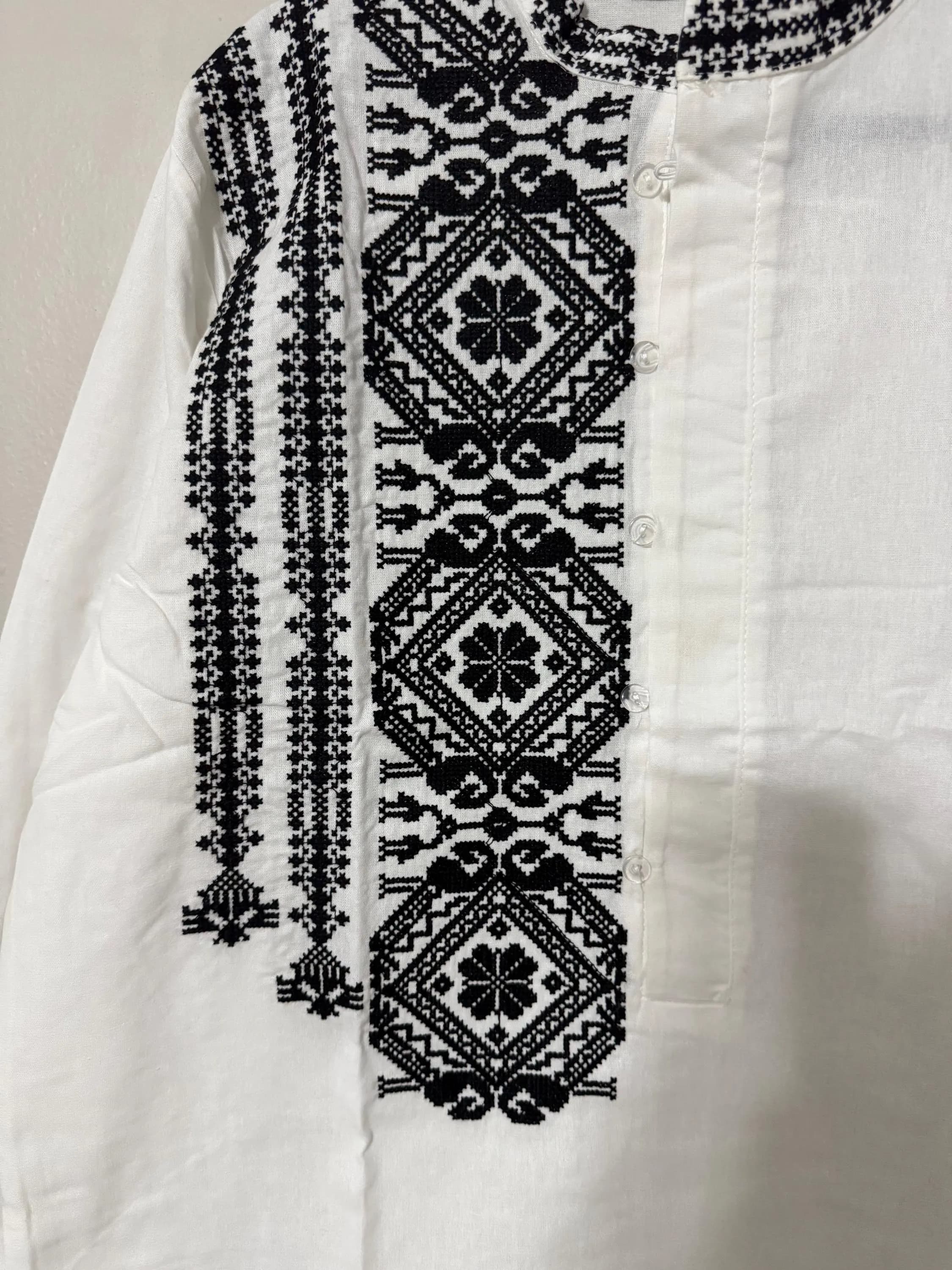 Latvian Folk Embroidered Shirt, Black Geometric Pattern, Mandarin Collar, Cotton Blend - image 3