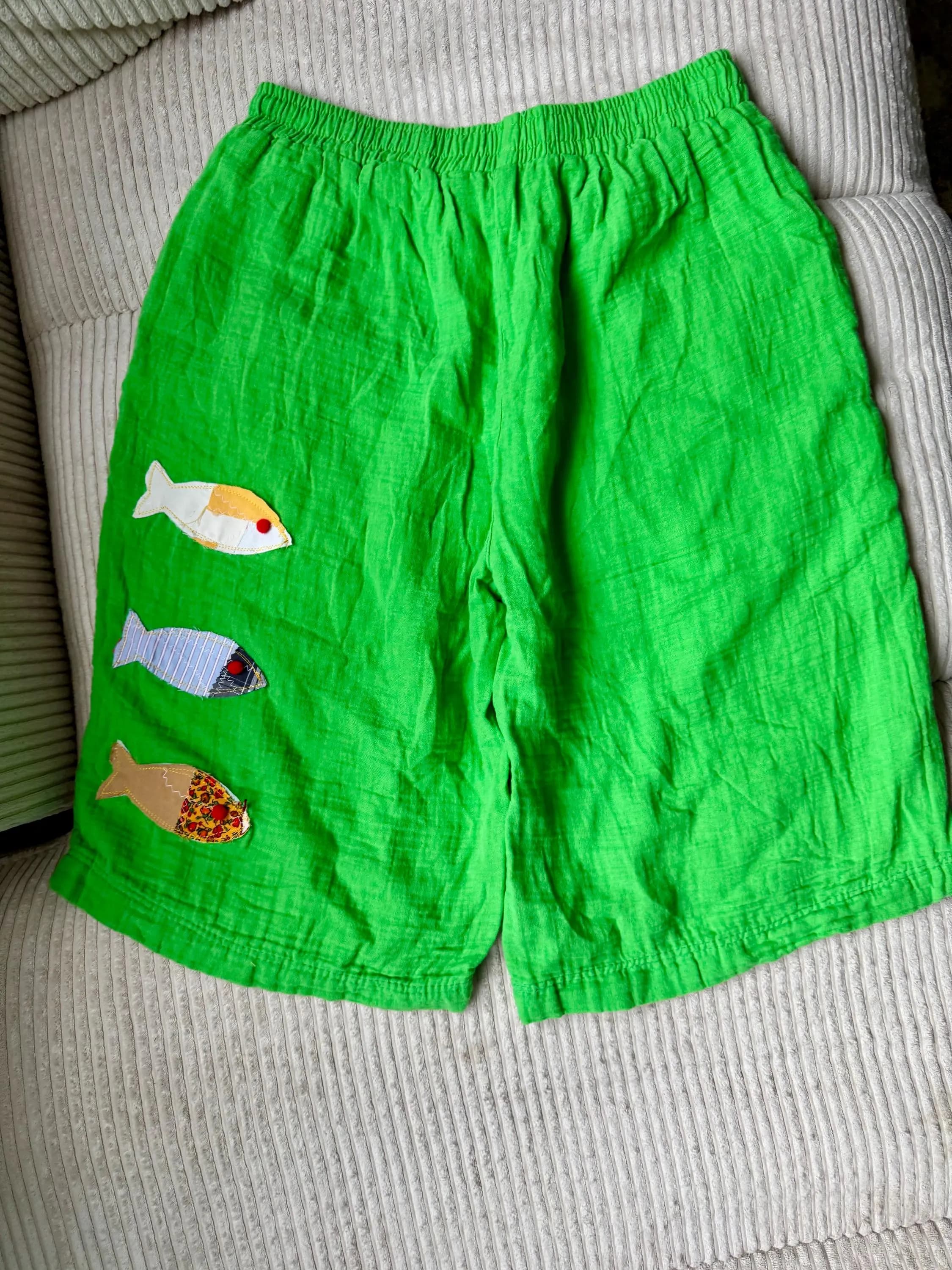 Upcycled Linen Fish Applique Shorts, Boho Elastic Waist, Summer Wear (Green, Yellow, Blue, Navy) - image 4